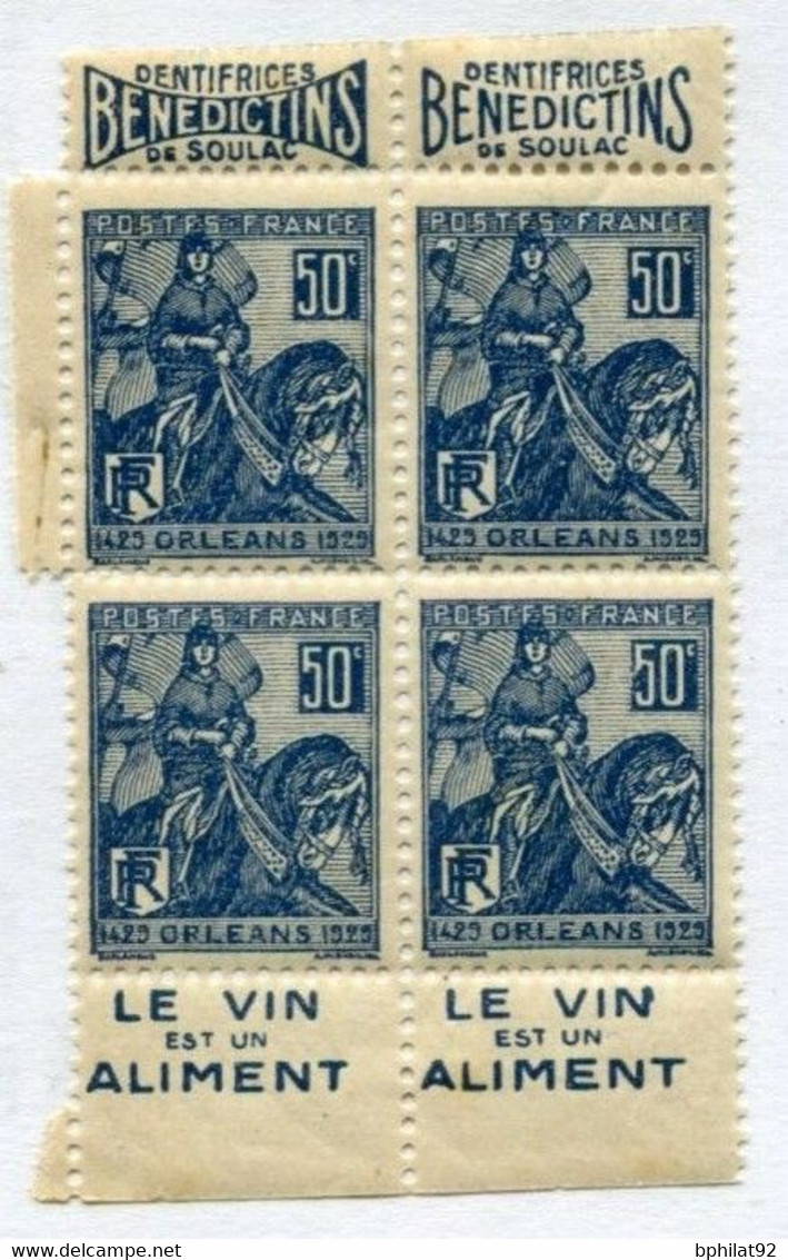 !!! 50 C JEANNE D'ARC BLOC DE 4 AVEC BANDES PUB BENEDICTIN / VIN NEUF ** - Unused Stamps