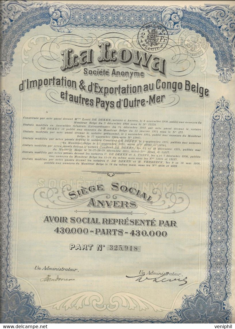 LA LOWA  - SOCIETE D'IMPORTATION ET EXPORTATION AU CONGO BELGE ET AUTRES PAYS D'OUTRE - MER -AVOIR SOCAL 1928 - Africa