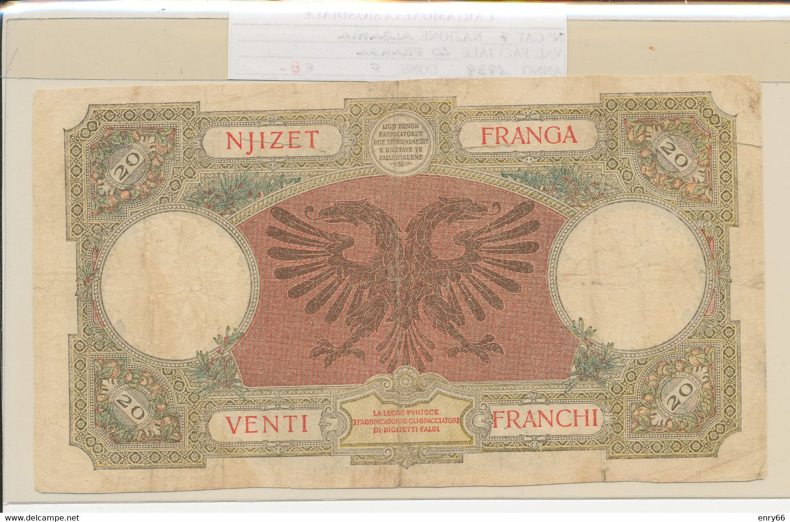 ALBANIA  20 FRANKA P7  F - Albanie