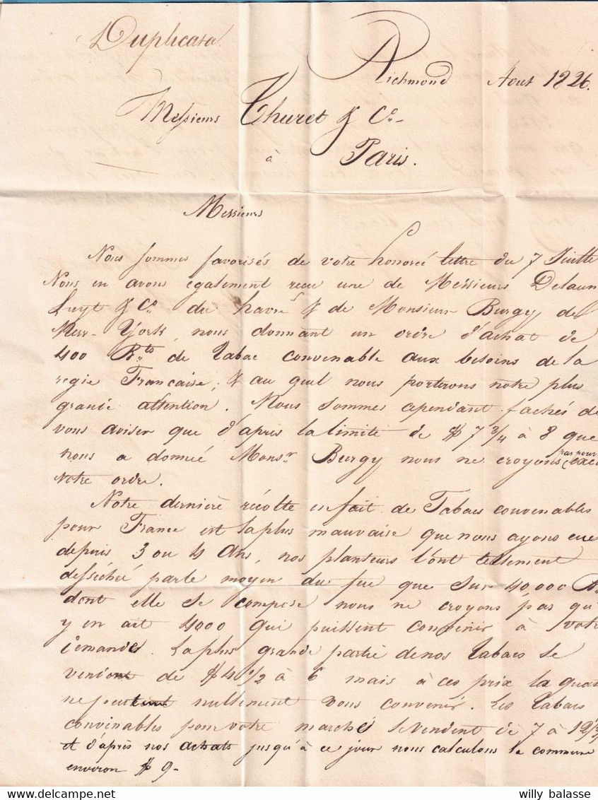 Lac De Richmond 1826 Marque Rge COLONIES PAR/LE HAVRE Pour Paris + "9"  + Bateau "Stephania (texte Sur Le Tabac) - …-1845 Prephilately