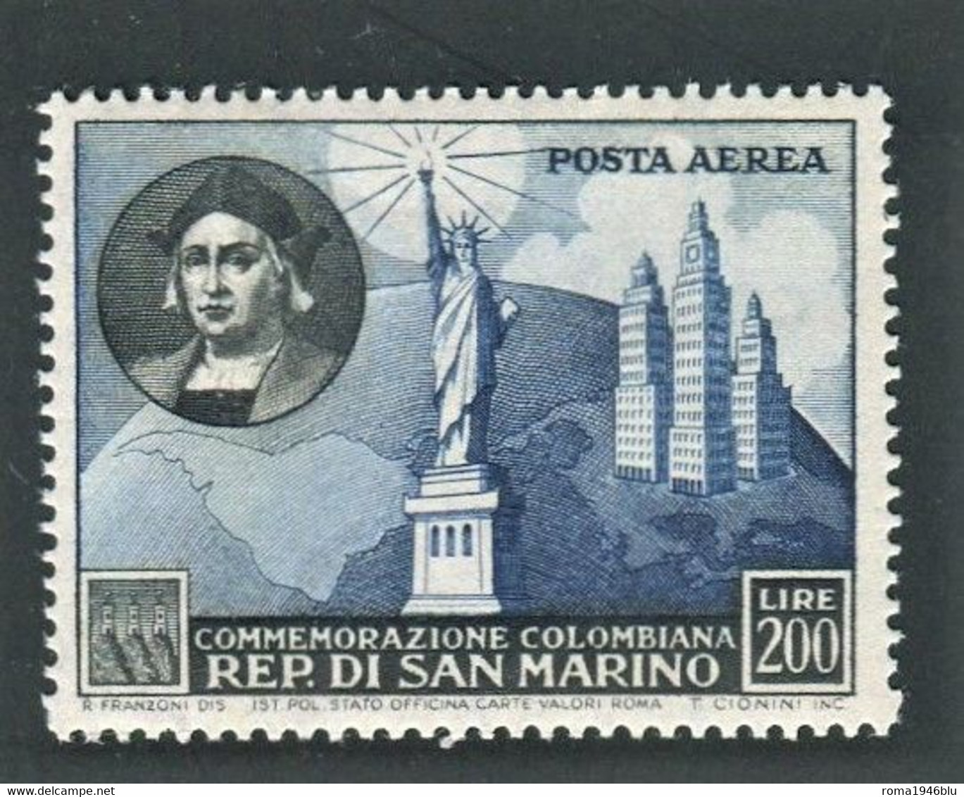 SAN MARINO 1952 COLOMBO POSTA AEREA  200 L. ** MNH CENTRATO - Ungebraucht