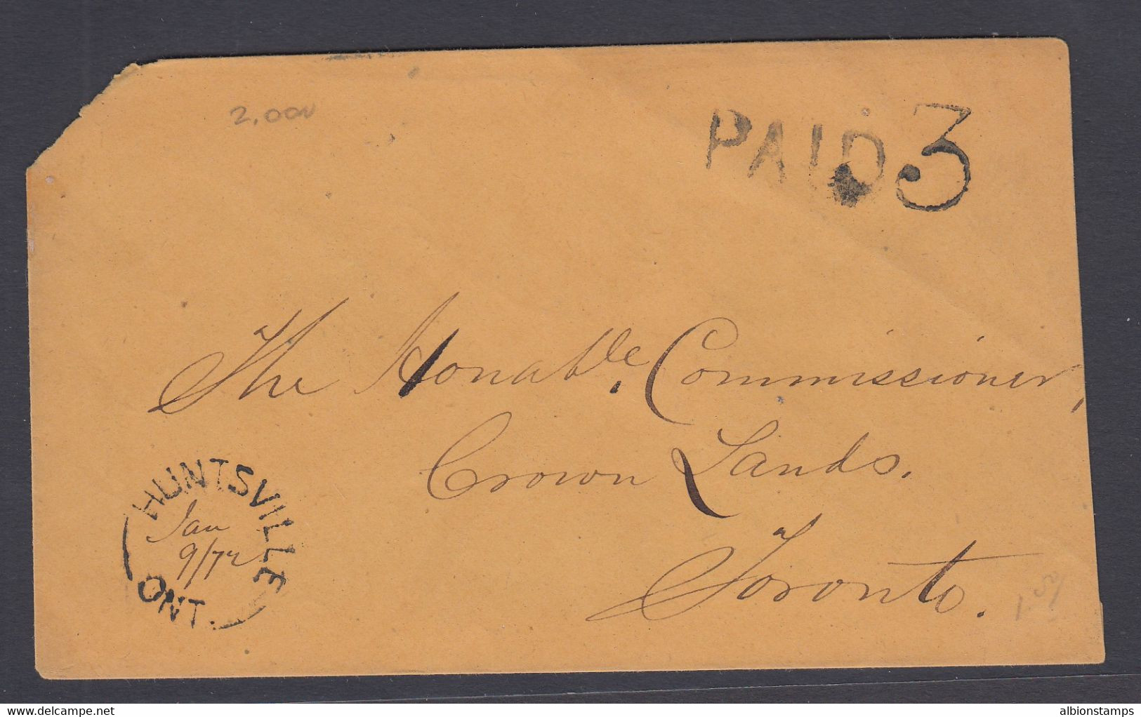 Canada 1872 Stampless Cover, Huntsville Ont, Paid 3 To Toronto - ...-1851 Préphilatélie