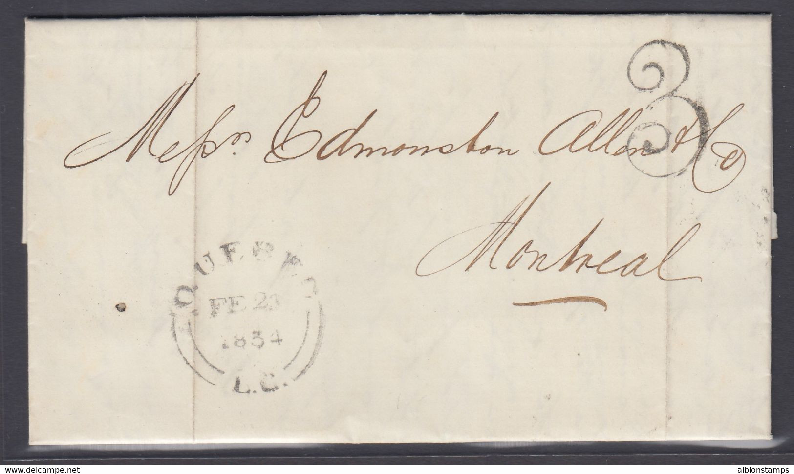 Canada 1854 Stampless Folded Letter, Quebec Fancy "3" To Montreal - ...-1851 Préphilatélie