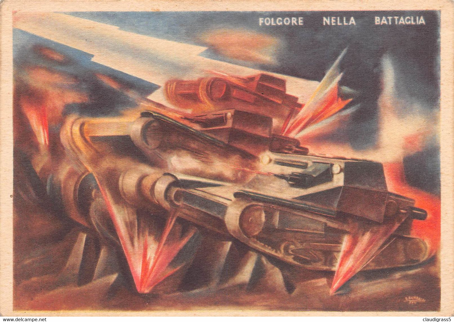 1901"FOLGORE NELLA BATTAGLIA-I REGIMENTO CARRISTI" DISEGNO DI GAMBALDI 'ANNI 40  Cartolina Originale - Reggimenti