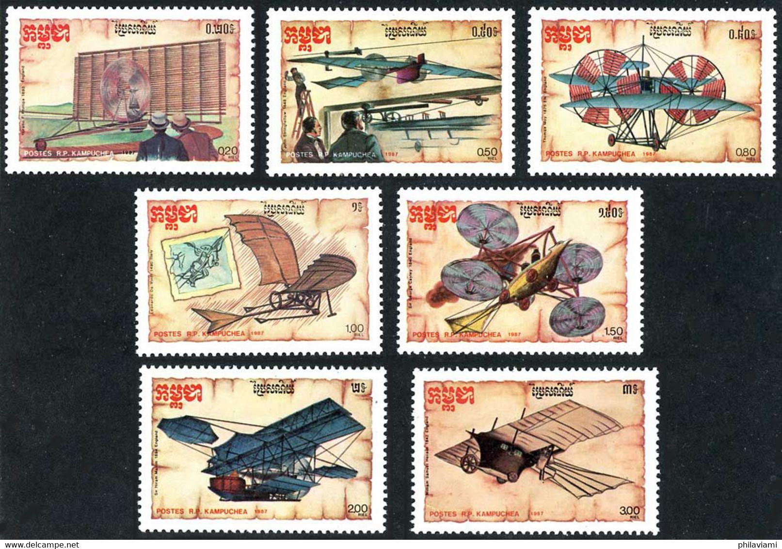 Cambodge Cambodia Kampuchea 1987 Antiques Henson, Maxim, Philips, Da Vinci (YT 744 , Mi 875, St Gibbons 831) - Airplanes