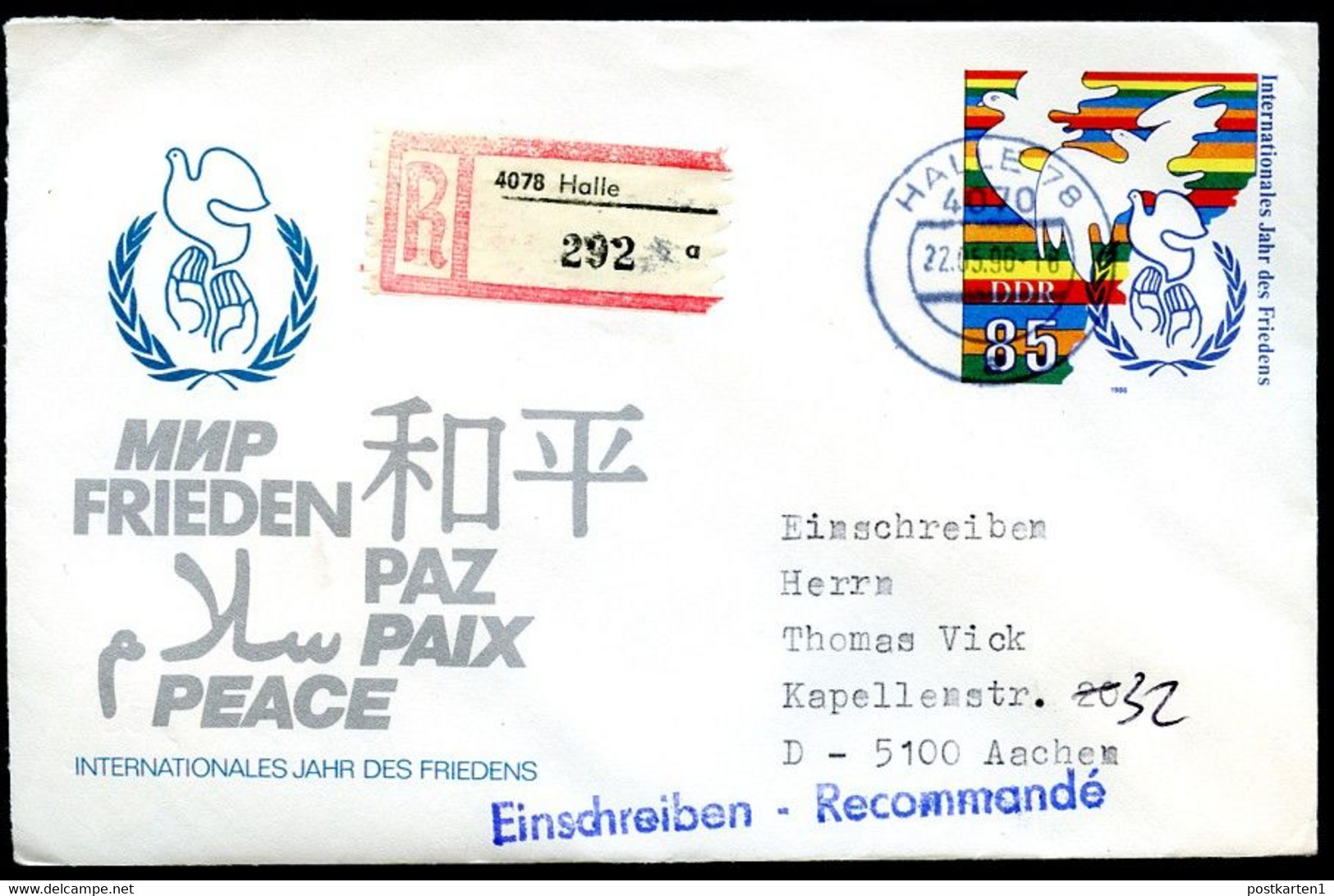 DDR U5 Umschlag EINSCHREIBEN Halle-Aachen 1990 Kat. 16,00 € - Briefomslagen - Gebruikt
