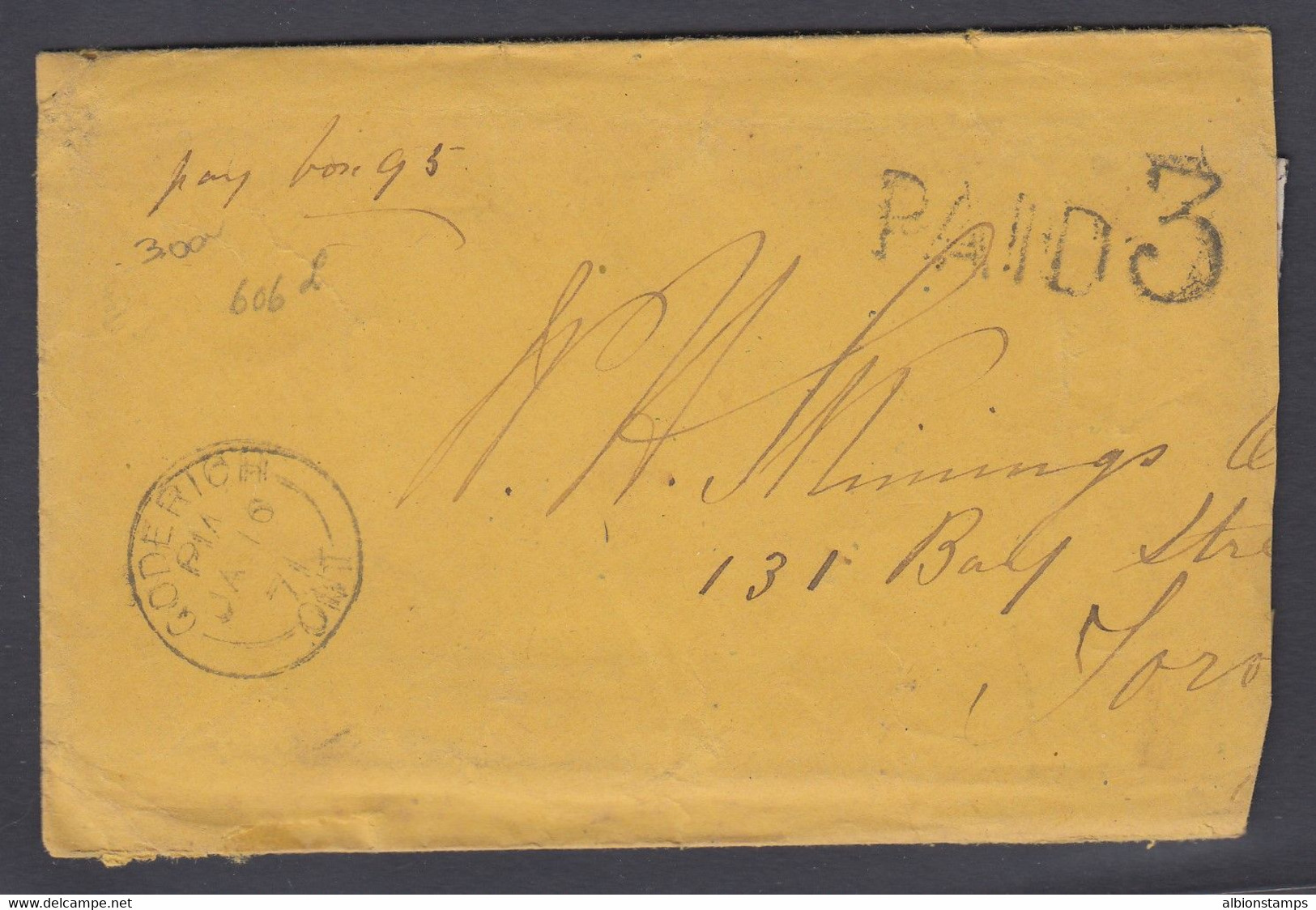 Canada 1871 Stampless Cover, Goderich With "Paid 3" To Toronto - ...-1851 Préphilatélie