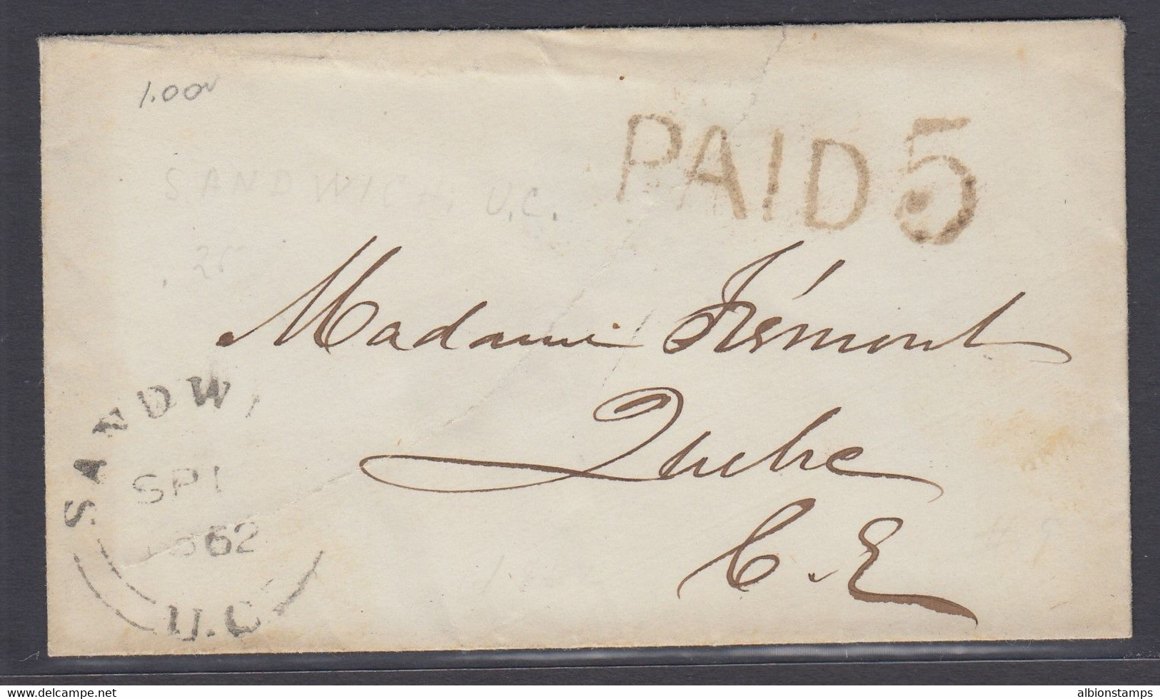 Canada 1862 Stampless Cover, Sandwich UC "Paid 5" To Quebec - ...-1851 Préphilatélie