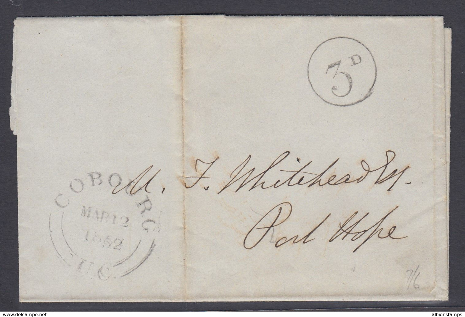 Canada 1852 Stampless Folded Cover, Cobourg And "3d" To Port Hope - ...-1851 Vorphilatelie