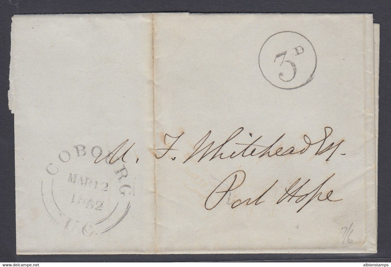 Canada 1852 Stampless Folded Cover, Cobourg And "3d" To Port Hope - ...-1851 Voorfilatelie