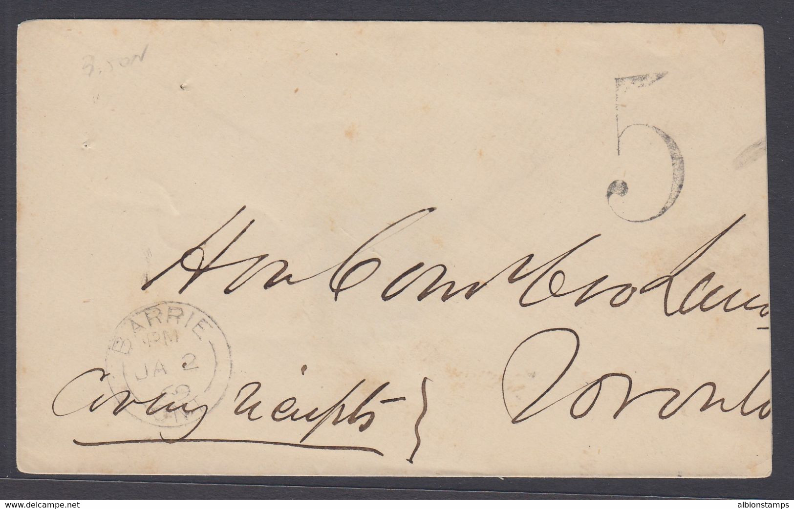 Canada 1869 Stampless Cover, Barrie And "5" To Toronto - ...-1851 Vorphilatelie