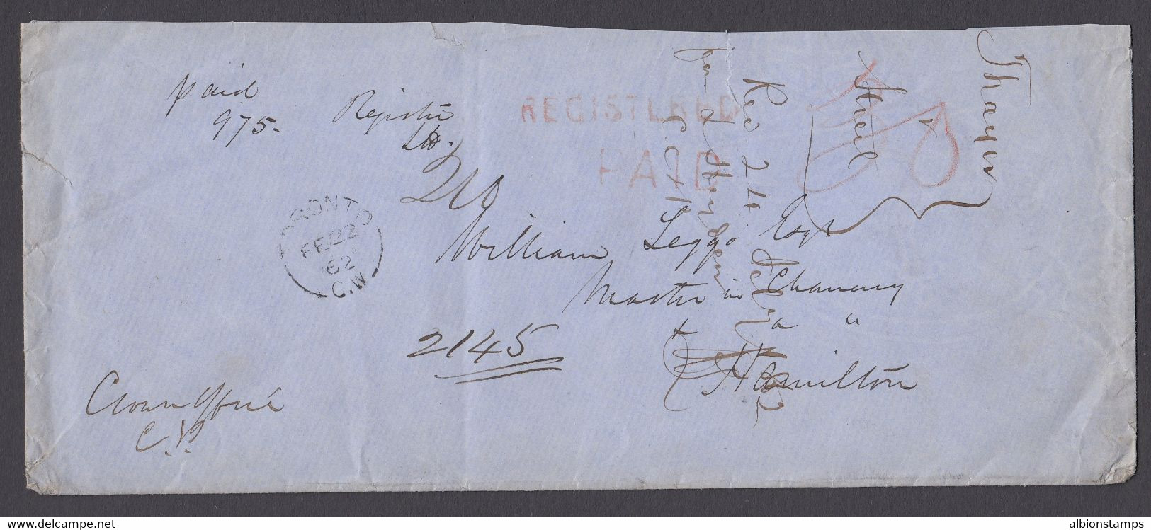 Canada 1862 Stampless Cover, Toronto Registered Paid To Hamilton - ...-1851 Prephilately