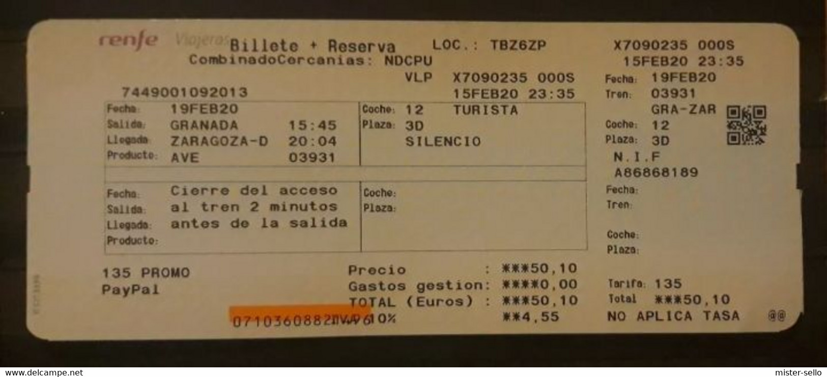 TRENES - RENFE -  AVE ESPAÑA. BILLETE TICKET GRANADA A ZARAGOZA - Europe