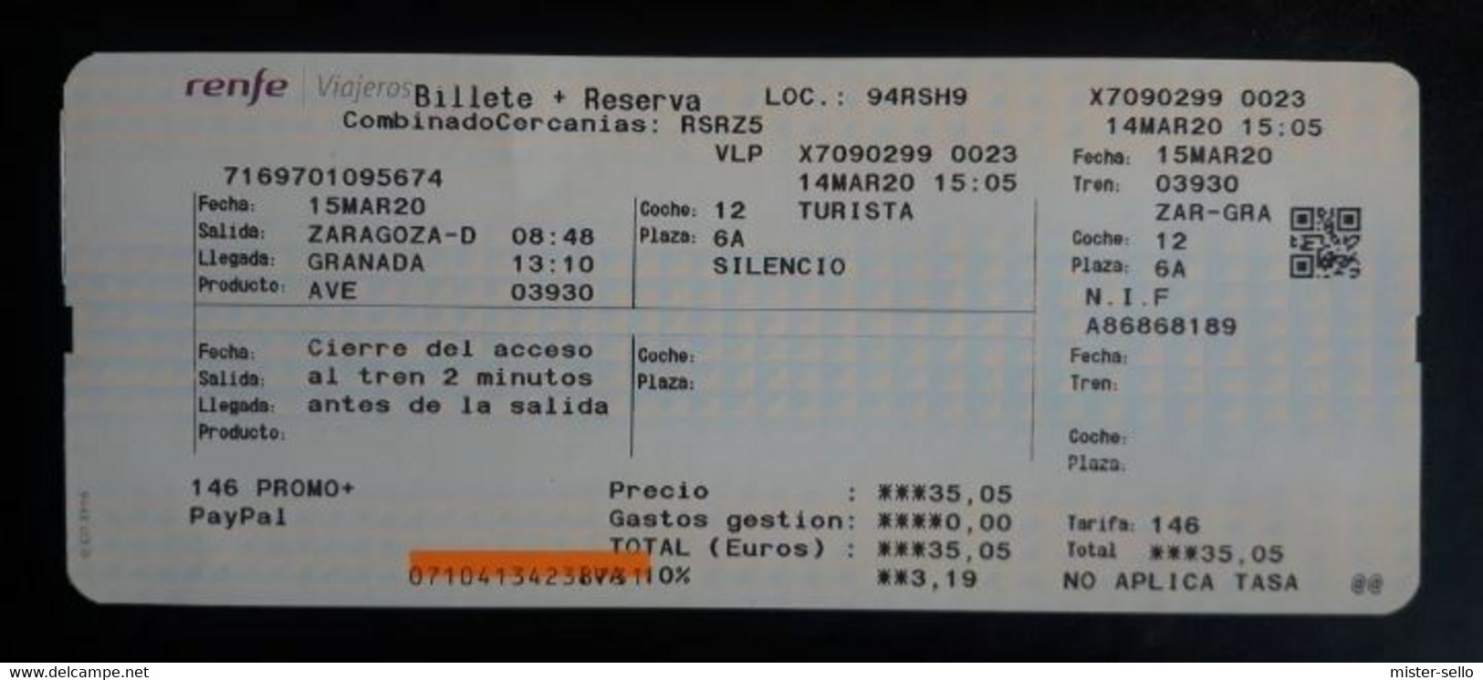 TRENES - RENFE -  AVE ESPAÑA. BILLETE TICKET ZARAGOZA A GRANADA. - Europa