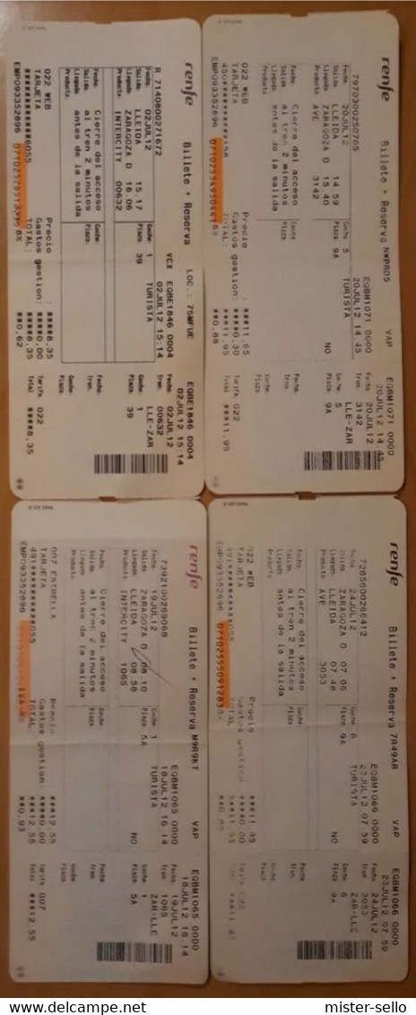 ESPAÑA. TRENES - RENFE -  LOTE DE 4 BILLETES DIFERENTES DE AVE Y INTERCITY. - Europa