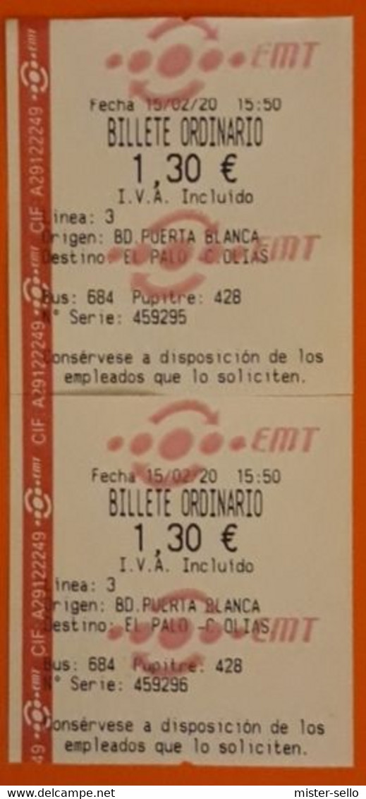 ESPAÑA - MÁLAGA. 2 TICKETS DE AUTOBÚS - BUS. - Europa