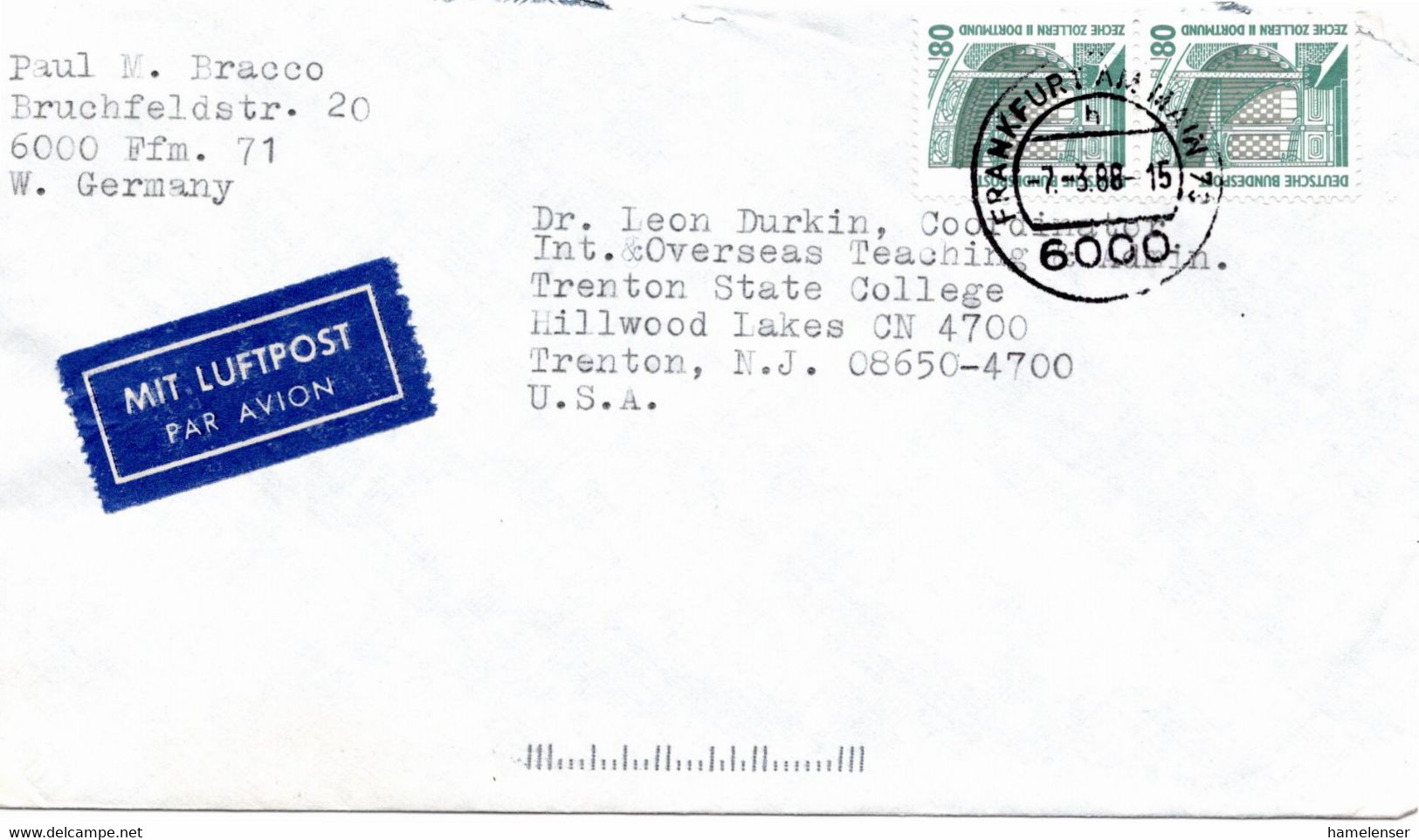 53213 - Bund - 1988 - 2@80Pfg. SWK A. Lp.-Bf. Von FRANKFURT AM MAIN Nach Trenton, NJ (USA) - Covers & Documents