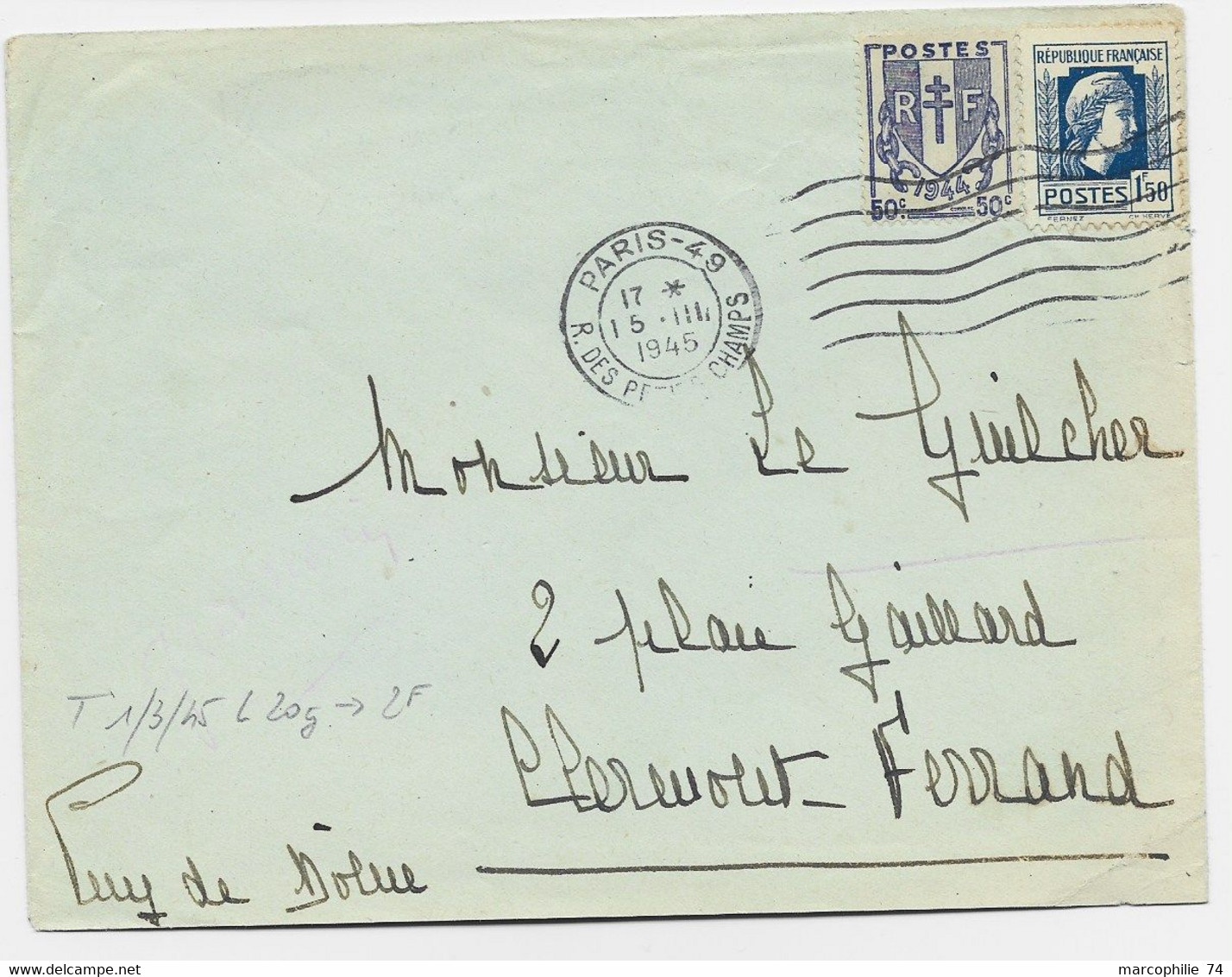 MARIANNE ALGER N°639+ 50C CHAINE LETTRE PARIS 49 15.III.1945 AU TARIF - 1944 Coq Et Marianne D'Alger