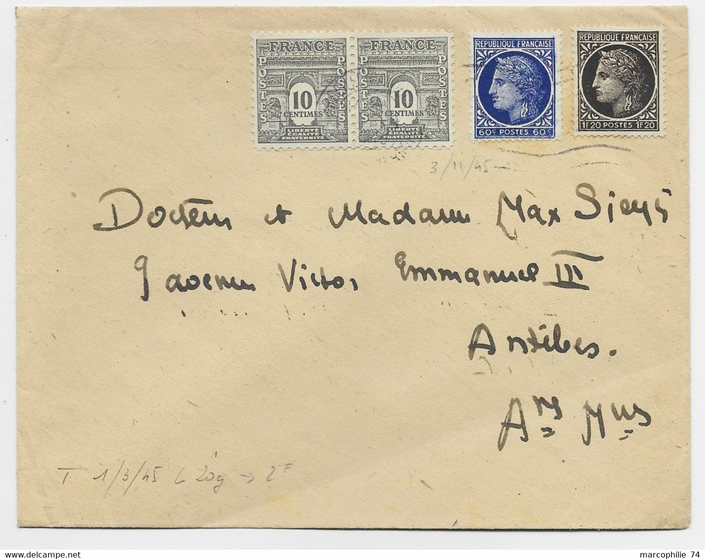 ARC TRIOMPHE 10C PAIRE + MAZELIN 60C +1FR20 LETTRE COVER  MARSEILLE 3.11.1945  AU TARIF - 1944-45 Triomfboog