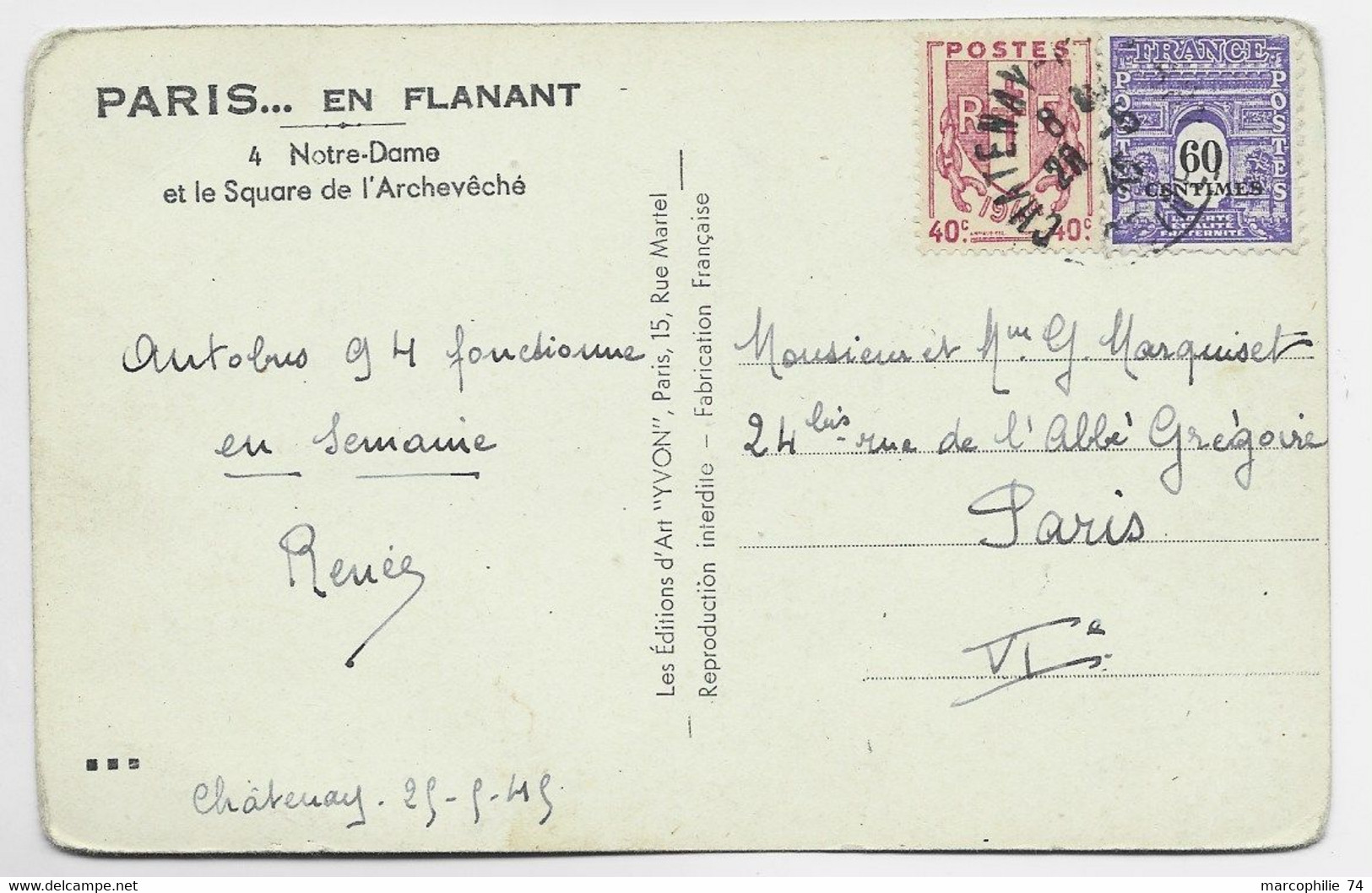 ARC TRIOMPHE 60C +40C CHAINE CARTE 5 MOTS CHATENAY 28.5.1945 AU TARIF - 1944-45 Arco Di Trionfo