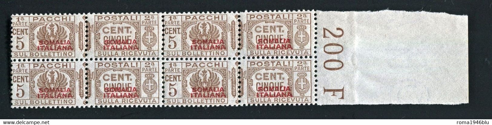 SOMALIA 1937 PACCHI POSTALI 5 C. SASSONE N. 71  ** MNH QUARTINA - Somalia