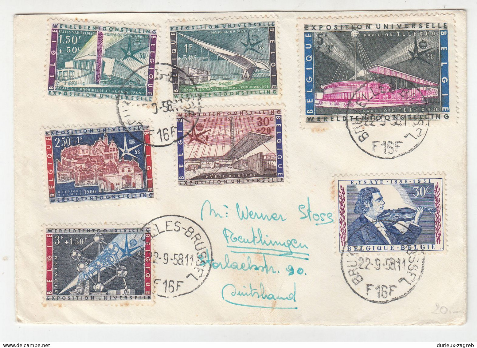 1958 EXPO Brussels Stamps On Letter Cover B211001 - 1958 – Bruselas (Bélgica)