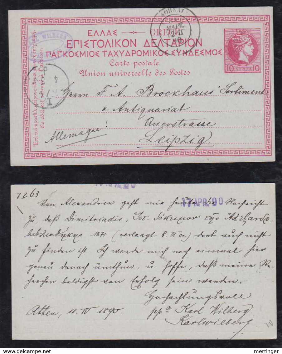 Greece 1890 Stationery Postcard ATHENS To LEIPZIG Germany - Covers & Documents