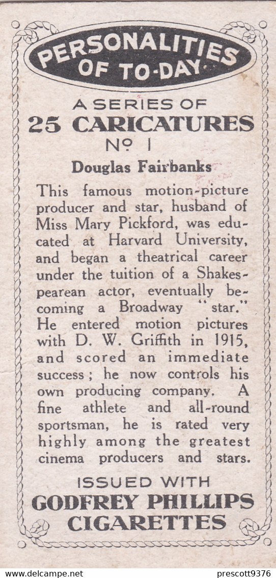 1 Douglas Fairbanks  - Film - Personalities Of Today, Caricatures 1932 -  Phillips Cigarette Card - Original - Phillips / BDV