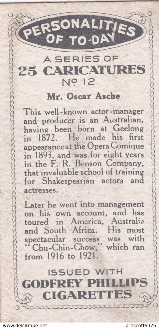12 Oscar Asche  - Theatre   - Personalities Of Today, Caricatures 1932 -  Phillips Cigarette Card - Original - Phillips / BDV