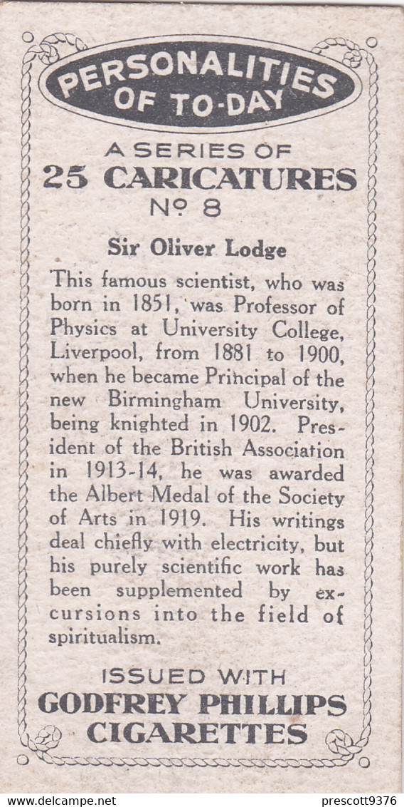 8 Sir Oliver Lodge  - Science - Personalities Of Today, Caricatures 1932 -  Phillips Cigarette Card - Original - Phillips / BDV