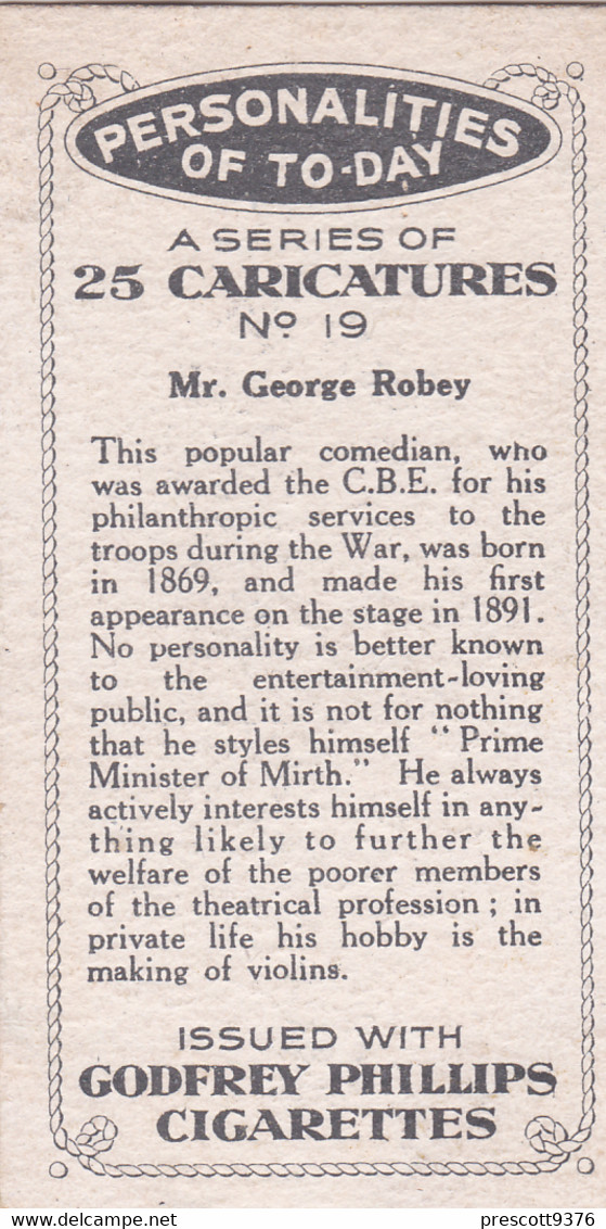 19 George Robey  - Theatre - Personalities Of Today, Caricatures 1932 -  Phillips Cigarette Card - Original - Phillips / BDV