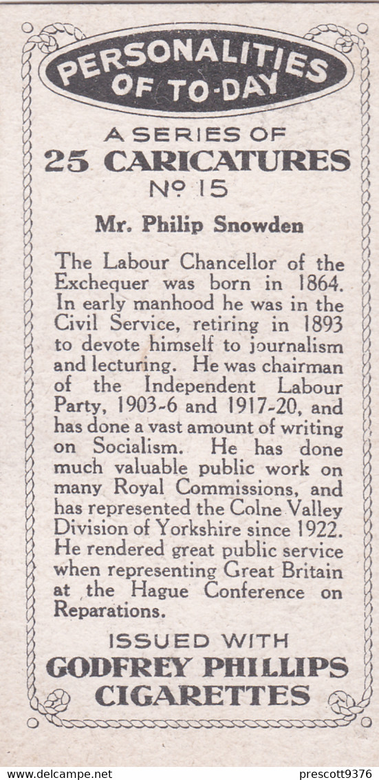 15 Phillip Snowden  - Politics - Personalities Of Today, Caricatures 1932 -  Phillips Cigarette Card - Original - Phillips / BDV