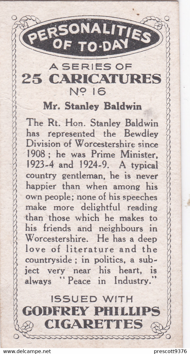 16 Stanley Baldwin  - Politics - Personalities Of Today, Caricatures 1932 -  Phillips Cigarette Card - Original - Phillips / BDV