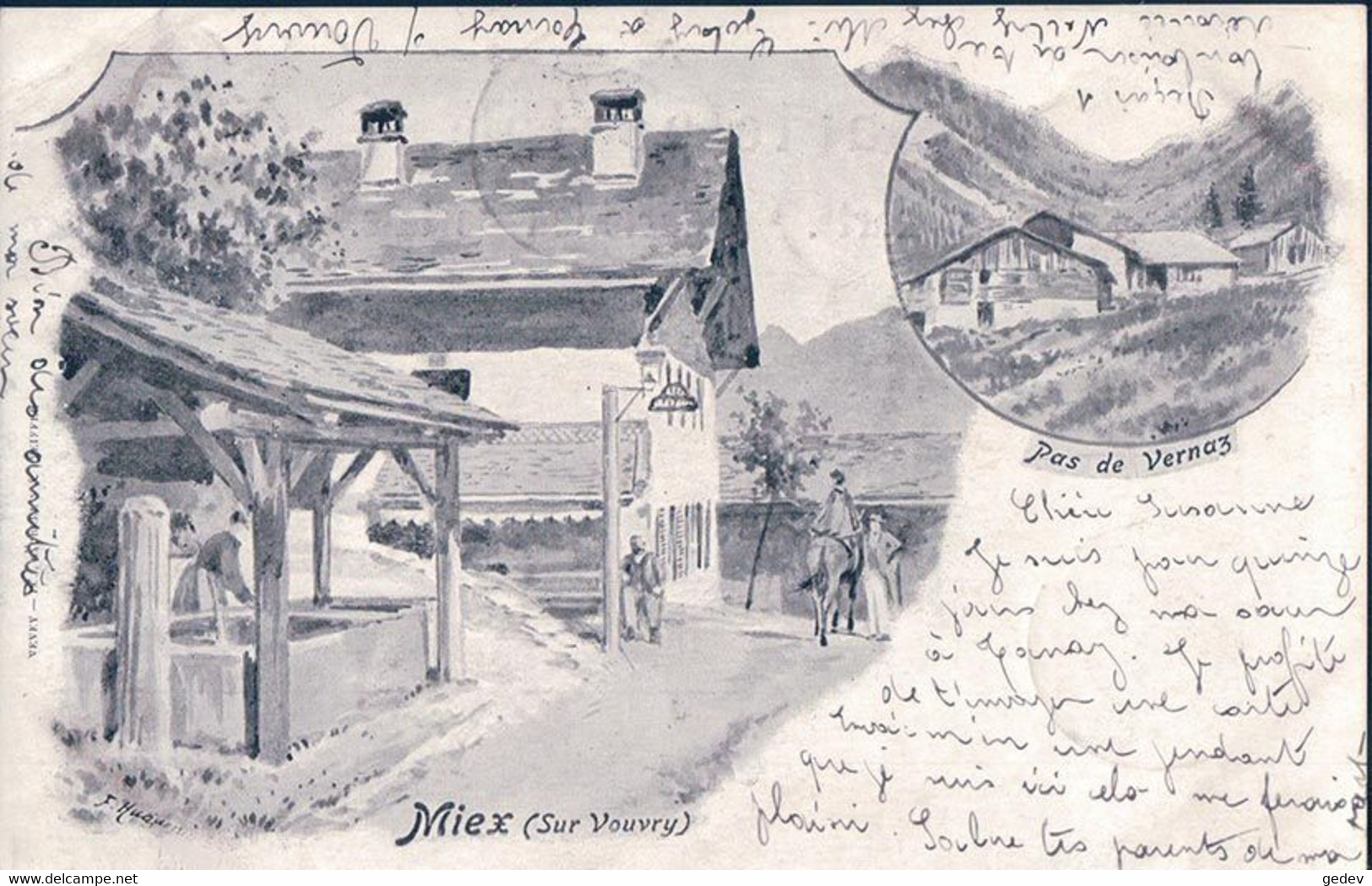 Miex Sur Vouvry VS, Fontaine Couverte Et Café, Pas De Vernaz (1.8.1899) - Vouvry