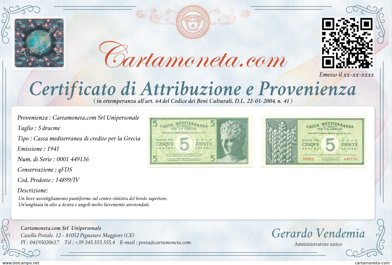 5 DRACME CASSA MEDITERRANEA DI CREDITO PER LA GRECIA 1941 QFDS - Other & Unclassified