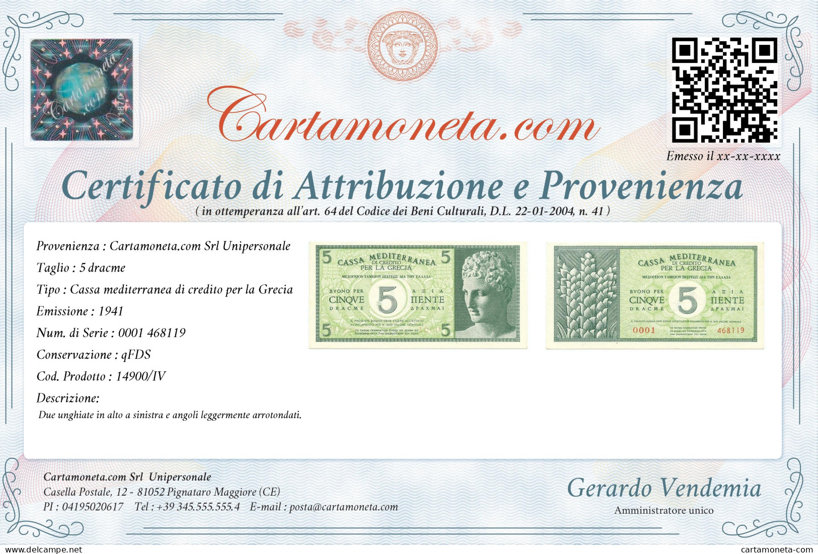 5 DRACME CASSA MEDITERRANEA DI CREDITO PER LA GRECIA 1941 QFDS - Andere & Zonder Classificatie