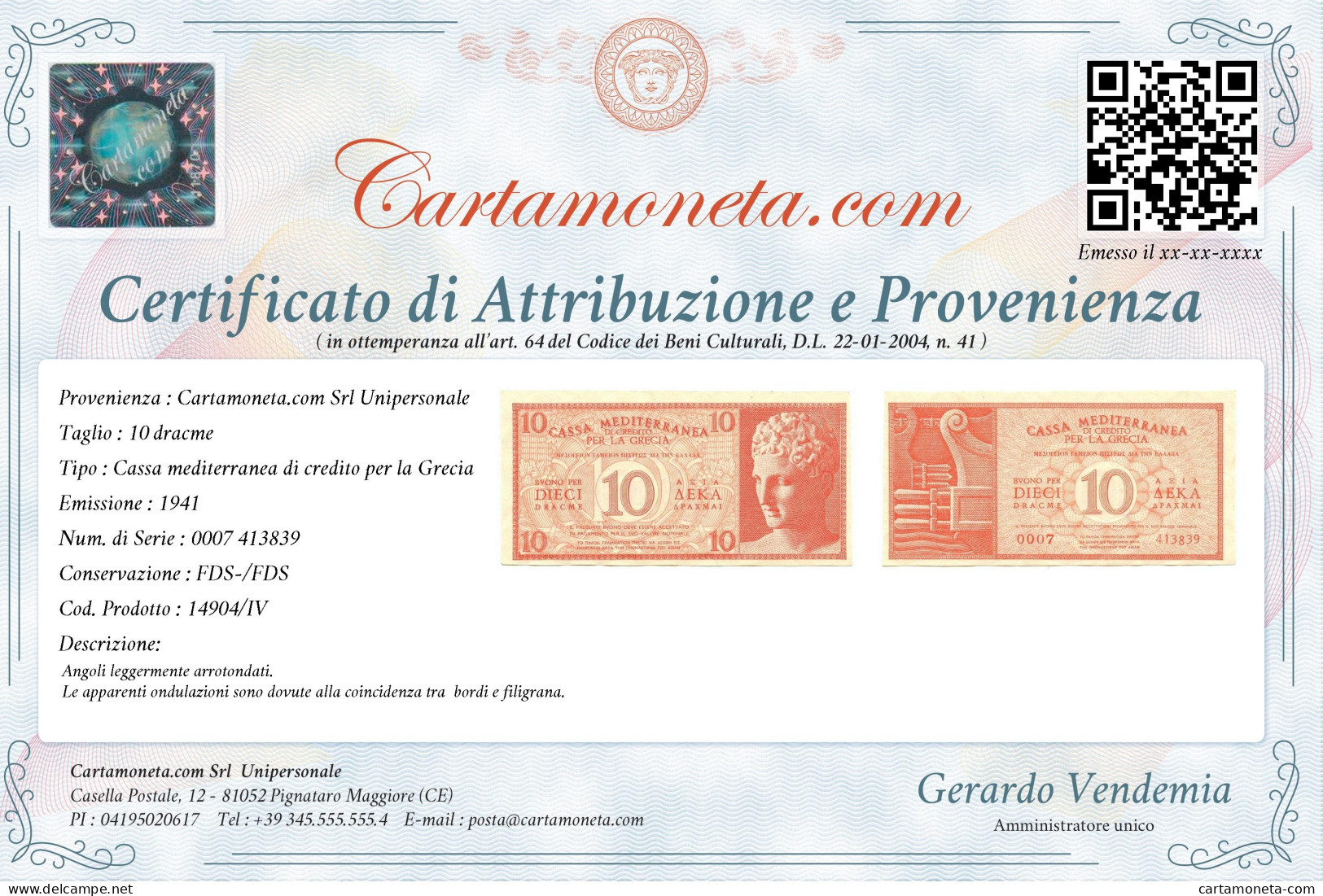 10 DRACME CASSA MEDITERRANEA DI CREDITO PER LA GRECIA 1941 FDS-/FDS - Other & Unclassified