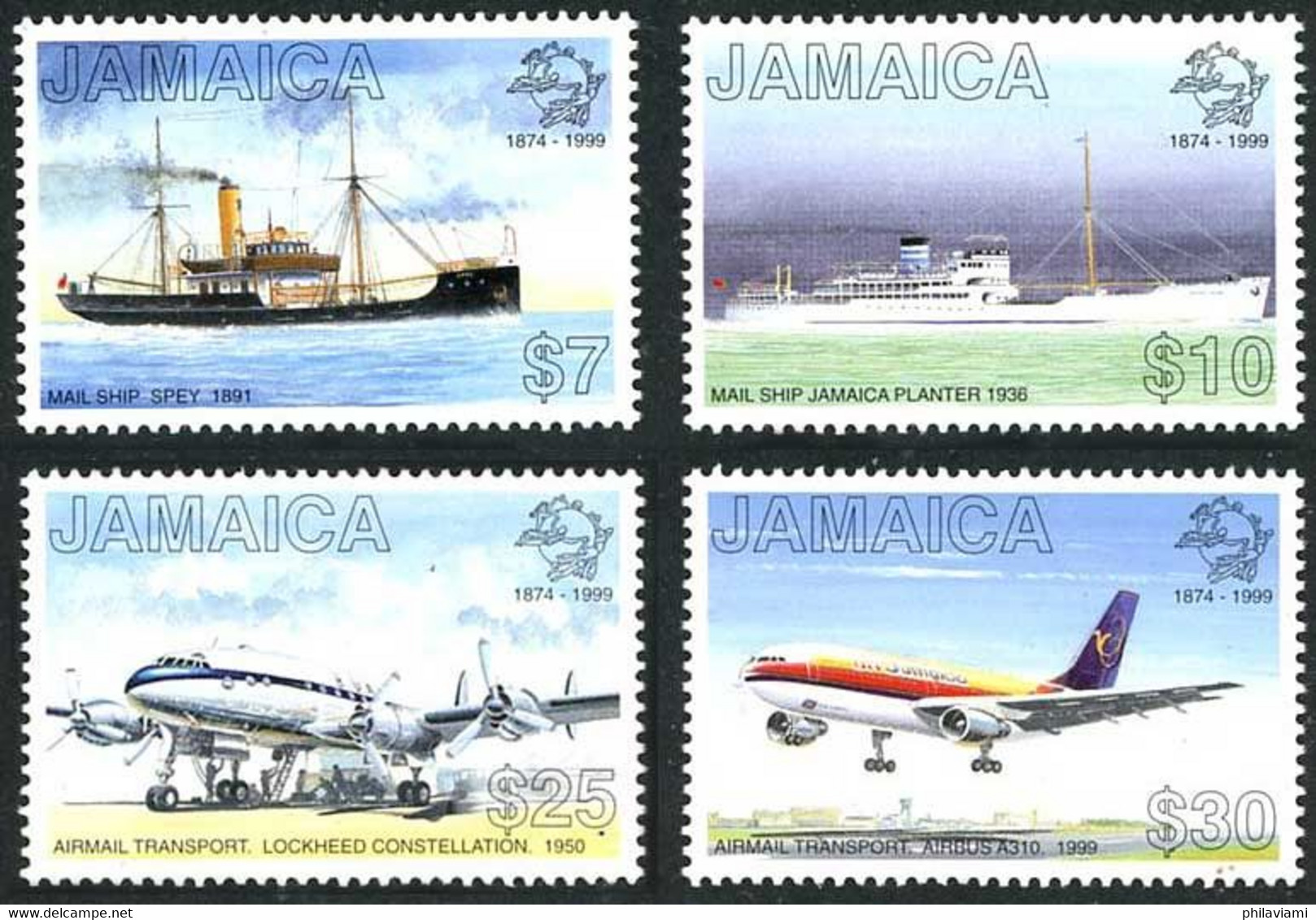 Jamaique Jamaica Jamaika 1999 UPU 125 Years Lockheed Constellation, Airbus A-310 (SG Gibbons 943) - Airplanes