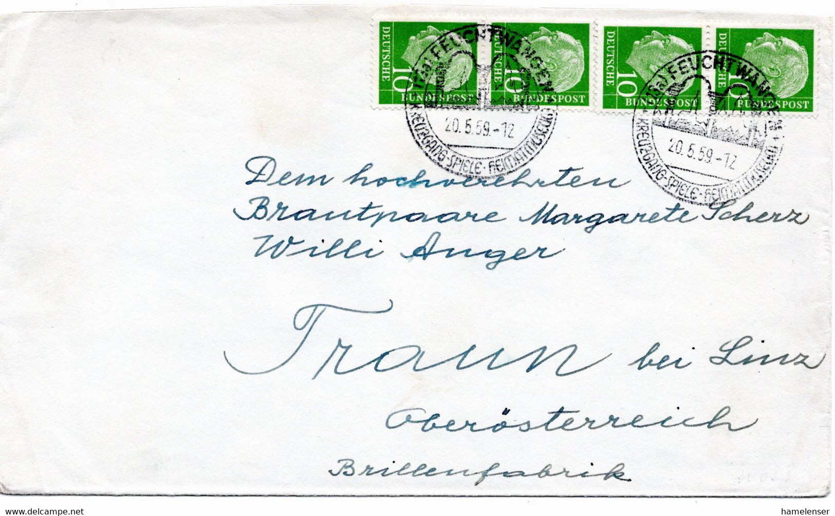 53258 - Bund - 1959 - 4@10Pfg. Heuss I A. Bf. Von FEUCHTWANGEN Nach Oesterreich - Brieven En Documenten