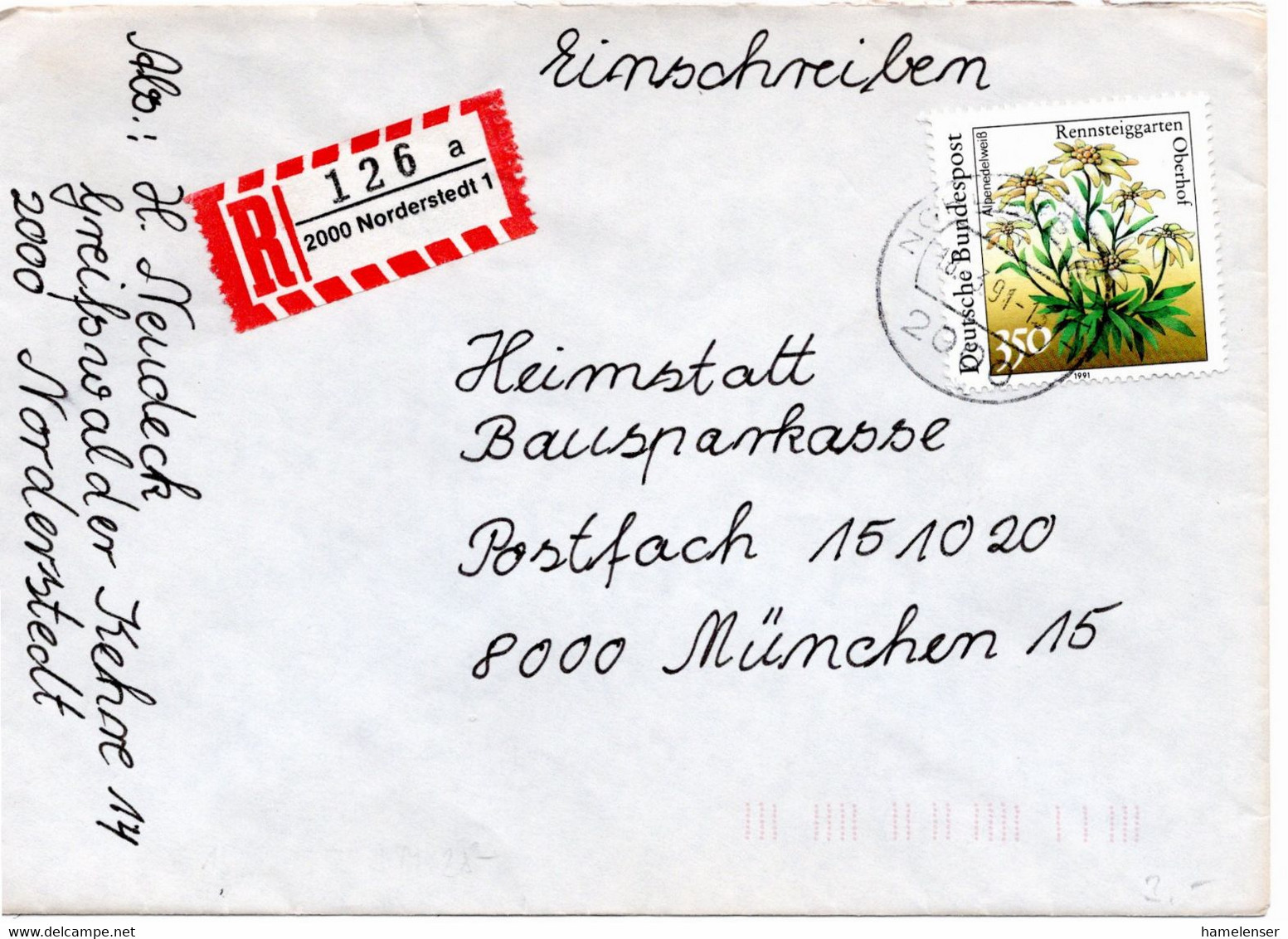 53261 - Bund - 1991 - 350Pfg. Rennsteiggarten EF A. R-Bf. Von NORDERSTEDT Nach Muenchen - Storia Postale