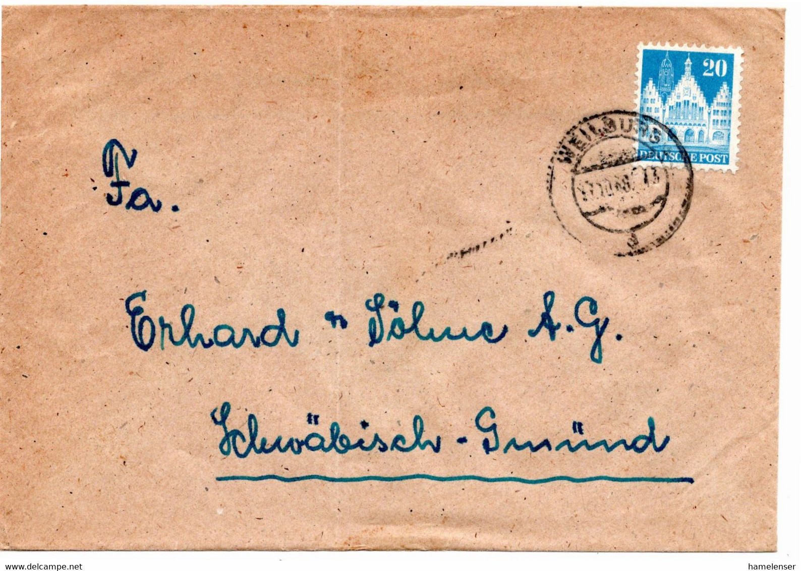 53265 - Bizone - 1948 - 20Pfg. Bauten Blau EF A. Bf. Von WEILBURG Nach Schwaebisch-Gmuend - Sonstige & Ohne Zuordnung