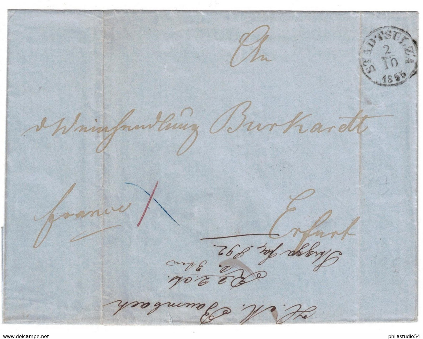 1855, STADTSULZA, Fingerhutstempel Auf Taxbrief. Seltener Bahnpost Ra3 "HALLE-EISENACH" Auf Der Rückseite - Briefe U. Dokumente