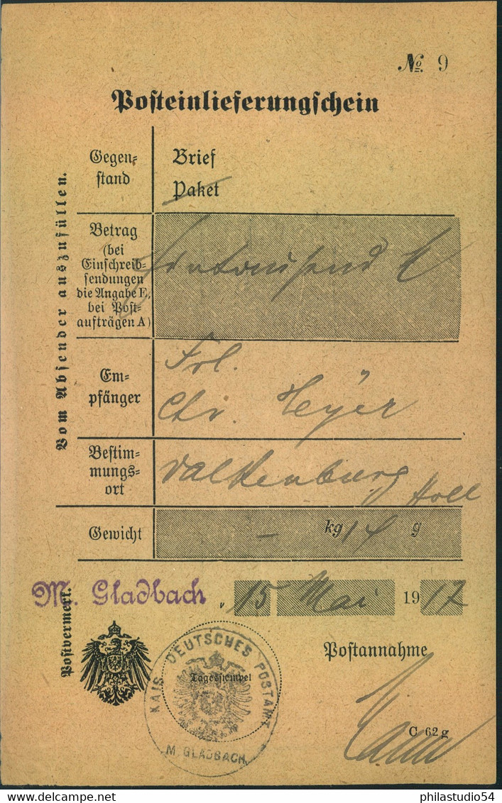 1917, "M, - Galdbach", L1 Auf Postschein - Maschinenstempel (EMA)