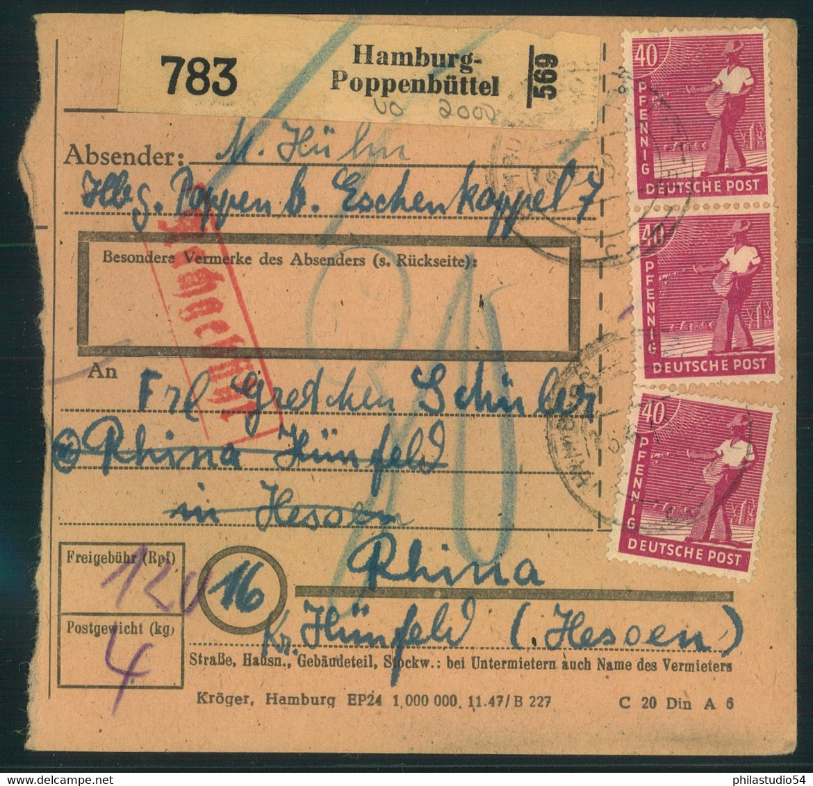 1948, Paketkartenstammteil Ab "HAMBURG-POPPENBÜTTEL" Mit MeF 3-mal 40 Pfg. Arbeiter - Autres & Non Classés