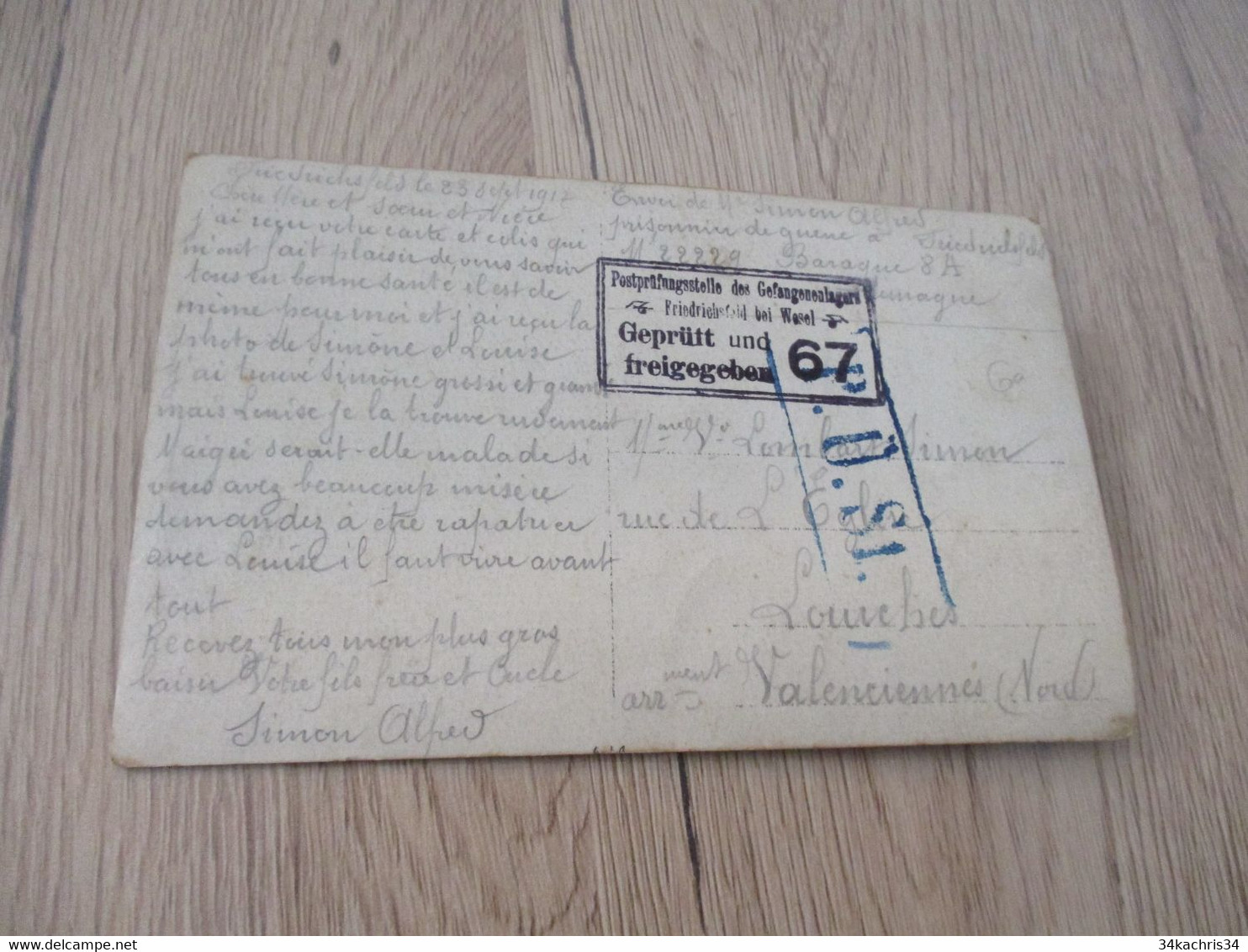 Carte Photo Prisonniers Guerre Texte Et Cachet Au Dos Camp De  Freifdrichsfeld Bei Wasel 67 Soldat Nommé - Weltkrieg 1914-18