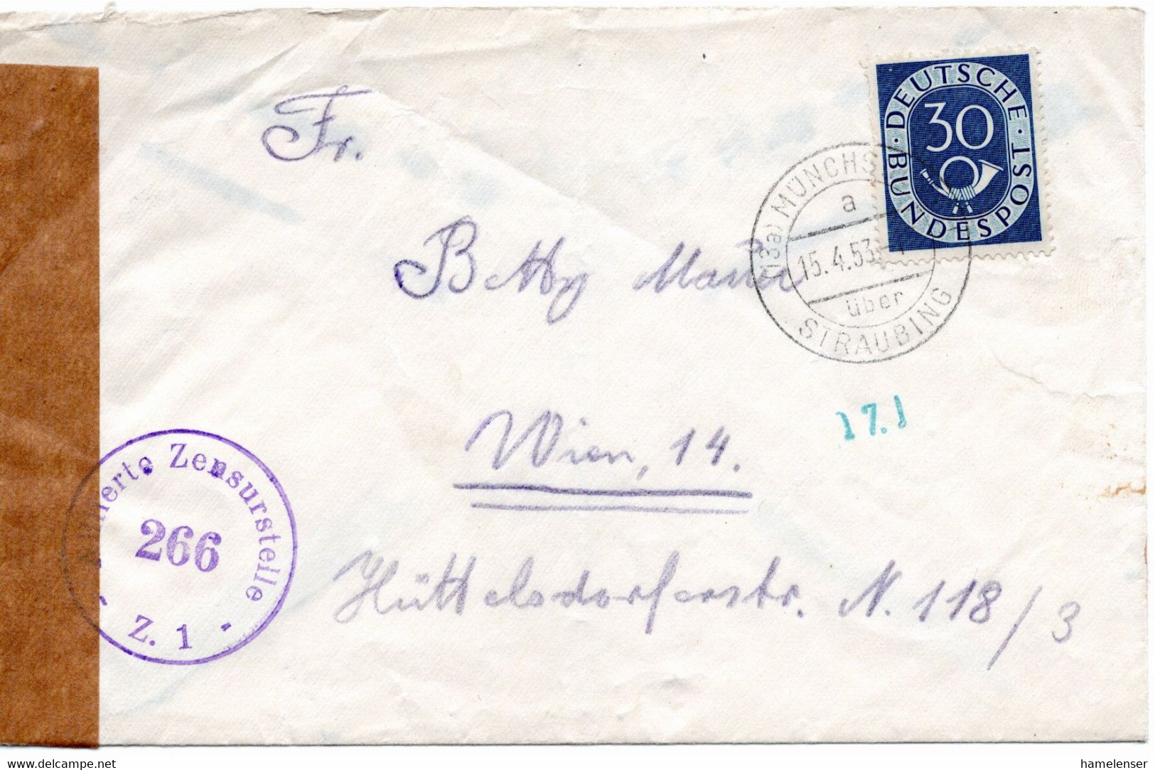53276 - Bund - 1953 - 30Pfg. Posthorn EF A. Bf. Von MUENCHSHOEFEN Nach Oesterreich, M. Oesterr. Zensur - Covers & Documents