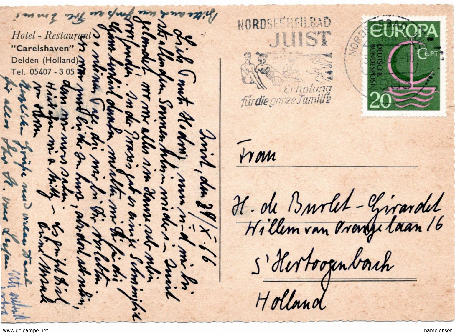 53279 - Bund - 1966 - 20Pfg. CEPT '66 EF A. Ans.-Kte. Von NORDSEEBAD JUIST Nach Holland - 1966