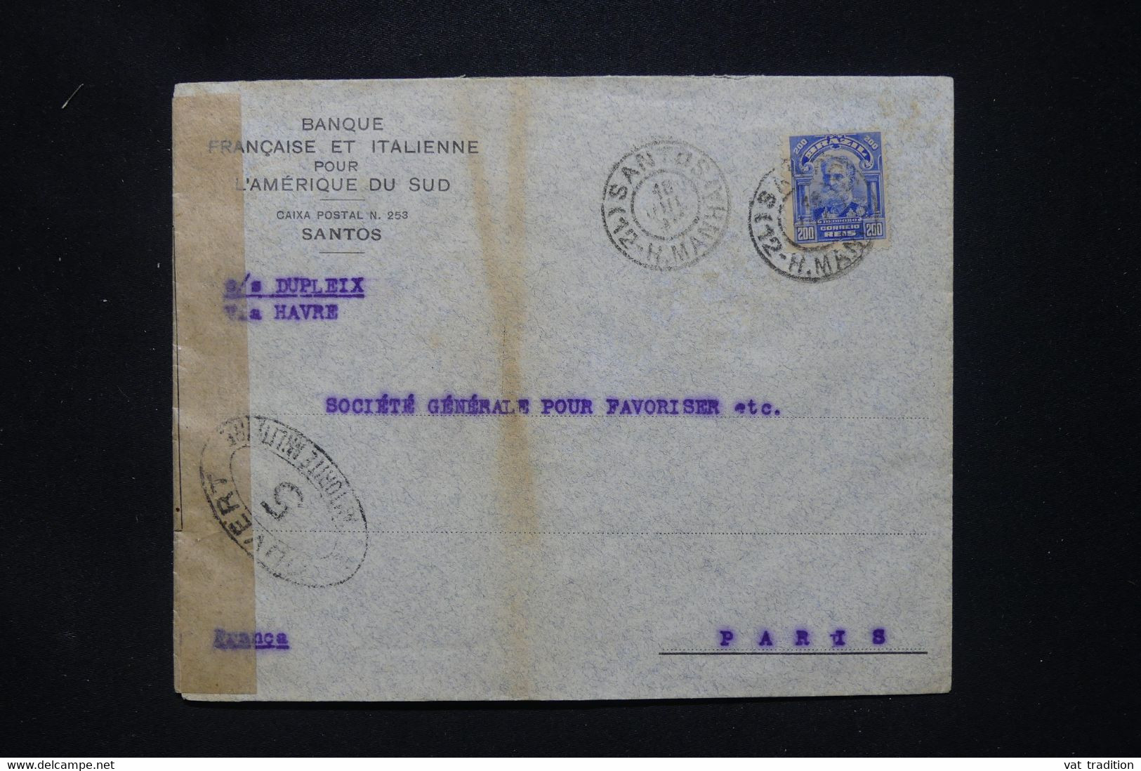 BRÉSIL - Enveloppe Commerciale De Santos Pour La France Par Le S/S Dupleix  Avec Contrôle Postal - L 107821 - Briefe U. Dokumente