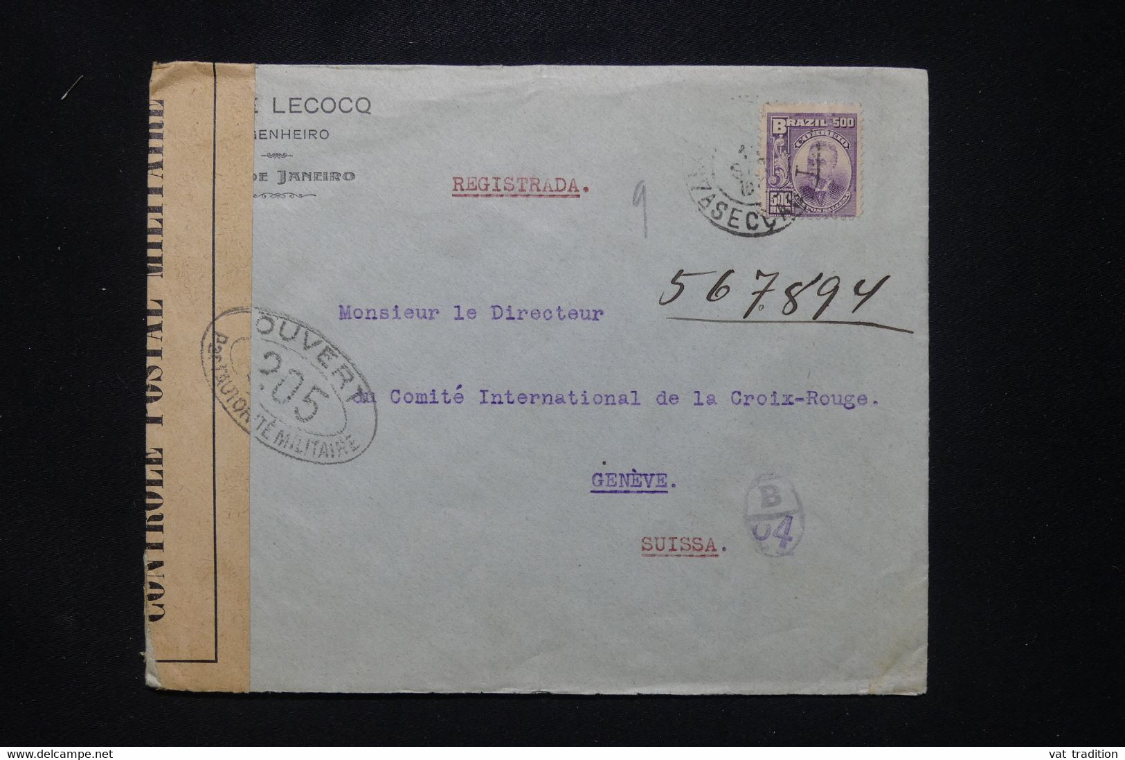 BRÉSIL - Enveloppe En Recommandé De Rio Pour La Croix Rouge De Genève En 1917 Avec Contrôle Postal - L 107822 - Lettres & Documents