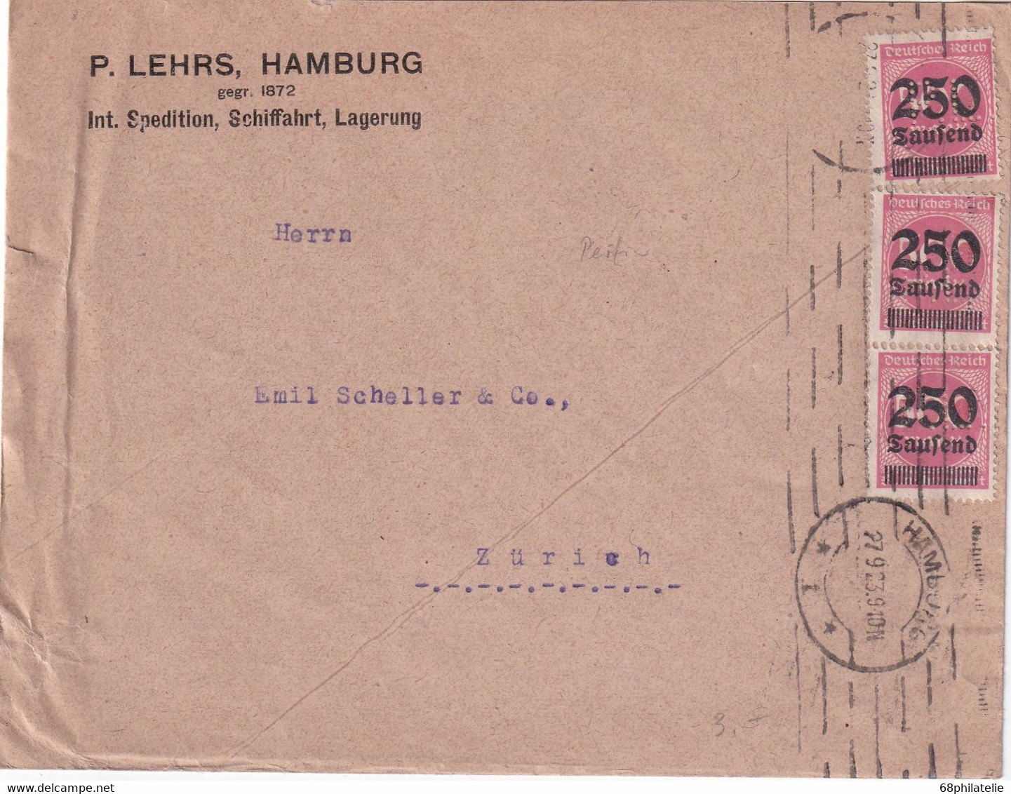 ALLEMAGNE 1923   LETTRE INFLA     PERFORE/PERFIN DE HAMBURG - Andere & Zonder Classificatie